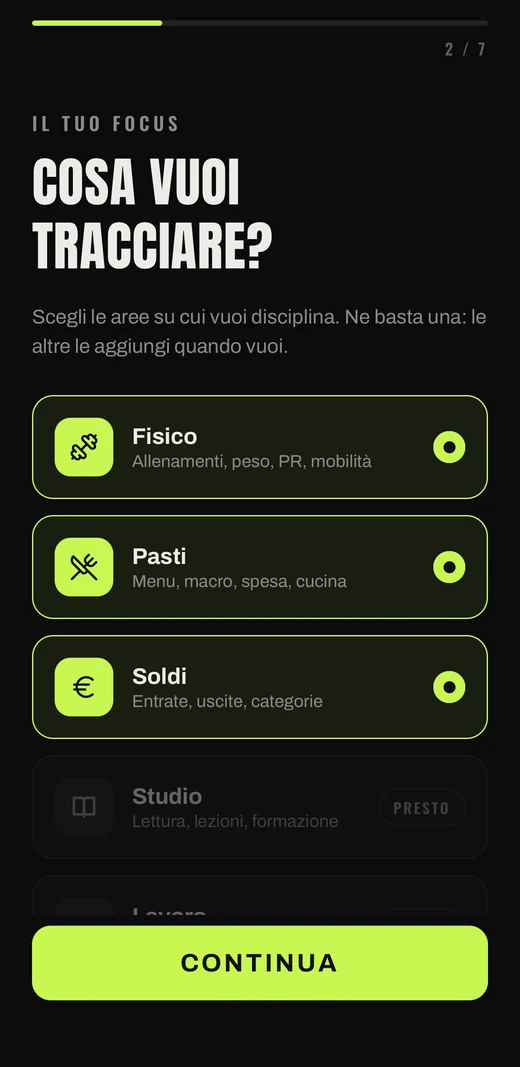 Schermata di scelta delle aree da tracciare