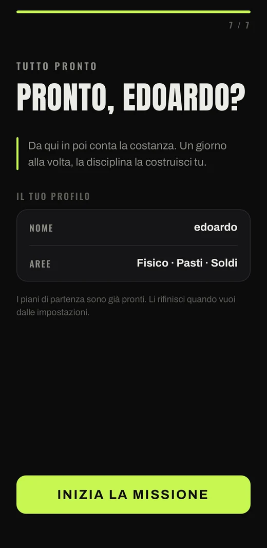 Il riepilogo del profilo con le aree scelte